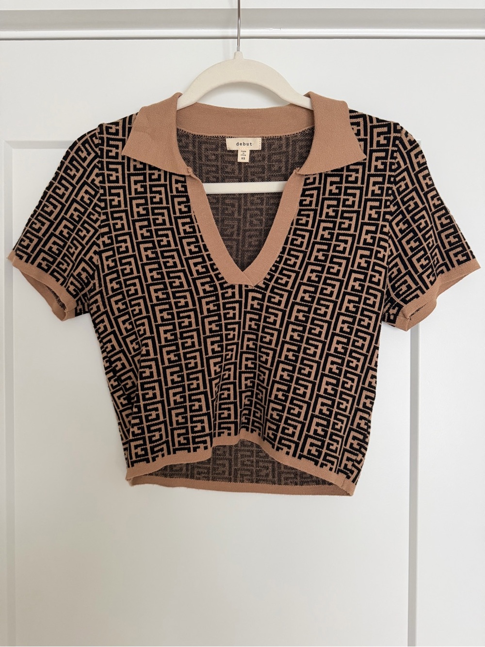 debut Brown and Black Geometric Cropped Polo Top